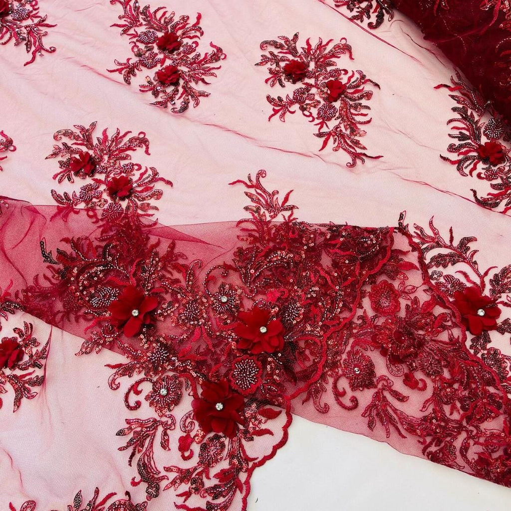 Beaded 3D Floral - Burgundy - Design Embroidery With Beaded/Rhinestones on a Mesh Fabric By Yard. Sequins Mesh 3D Flower