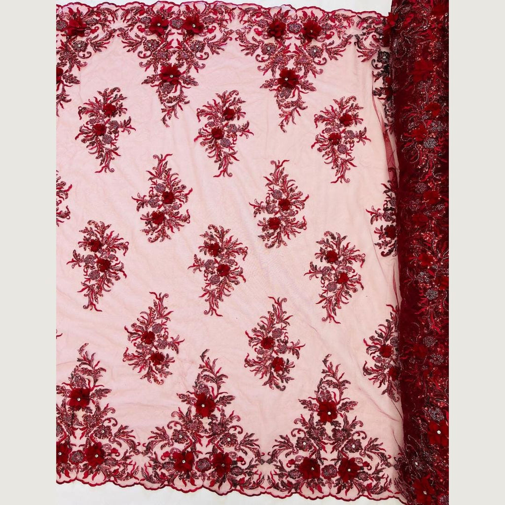 Beaded 3D Floral - Burgundy - Design Embroidery With Beaded/Rhinestones on a Mesh Fabric By Yard. Sequins Mesh 3D Flower