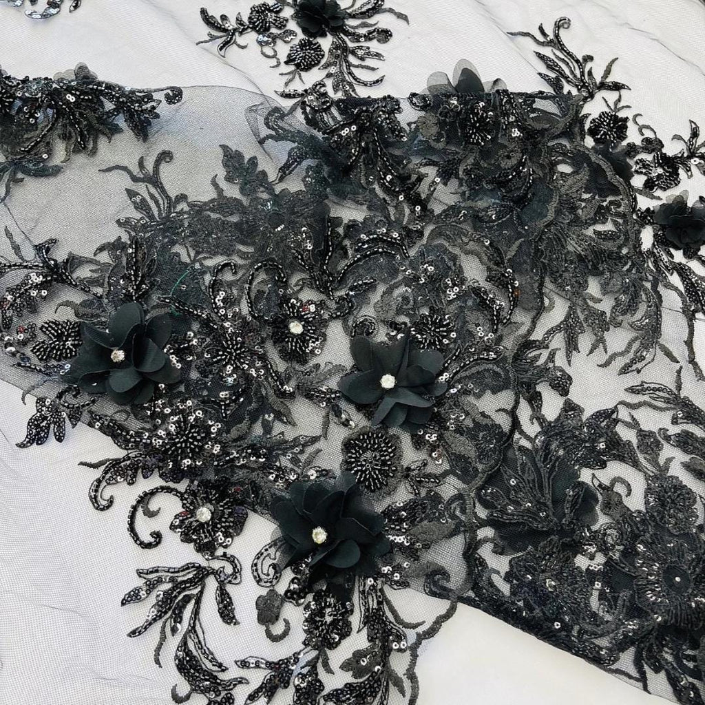 Beaded 3D Floral - Black - Design Embroidery With Beaded/Rhinestones on a Mesh Fabric By Yard. Sequins Mesh 3D Flower