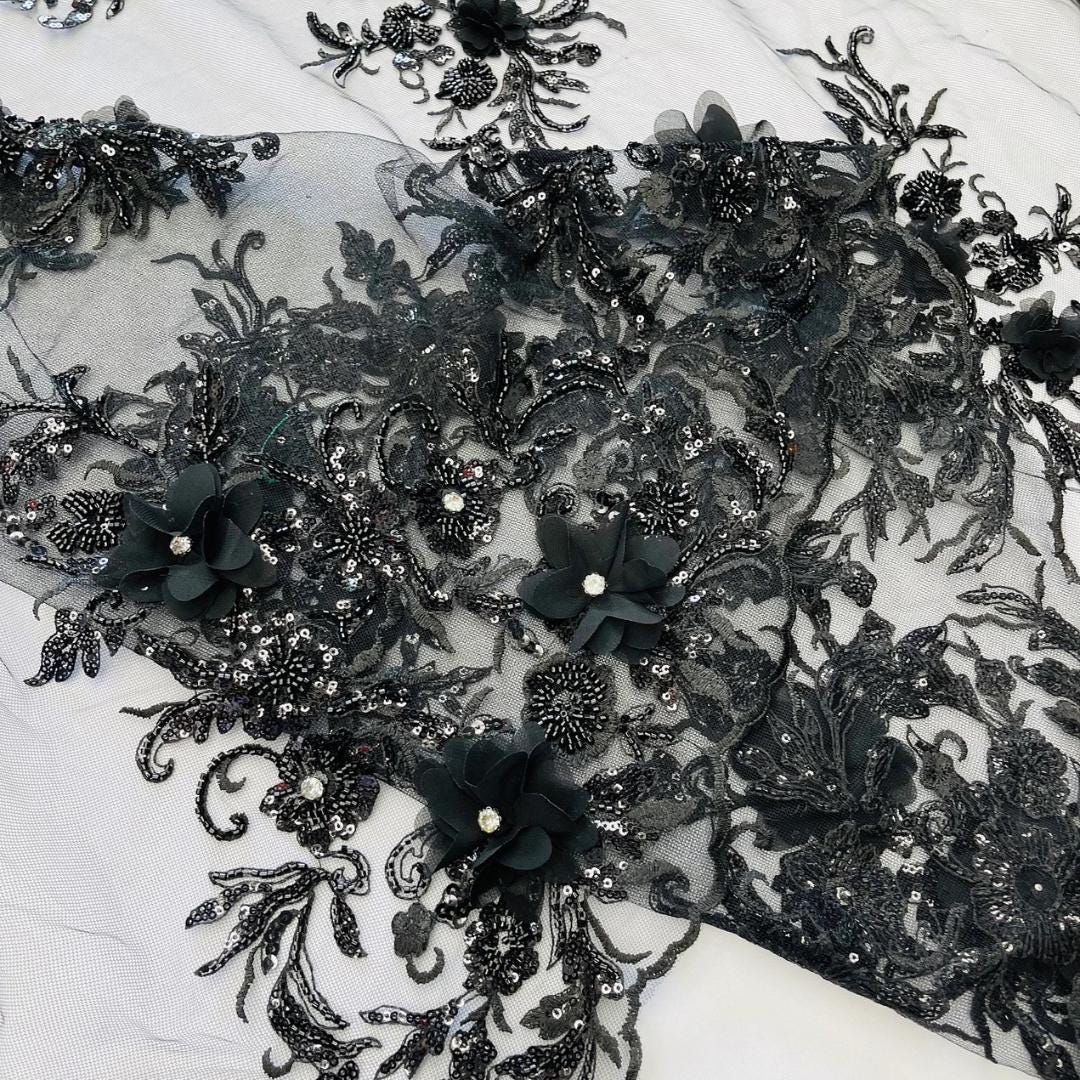 Beaded 3D Floral - Black - Design Embroidery With Beaded/Rhinestones on a Mesh Fabric By Yard. Sequins Mesh 3D Flower