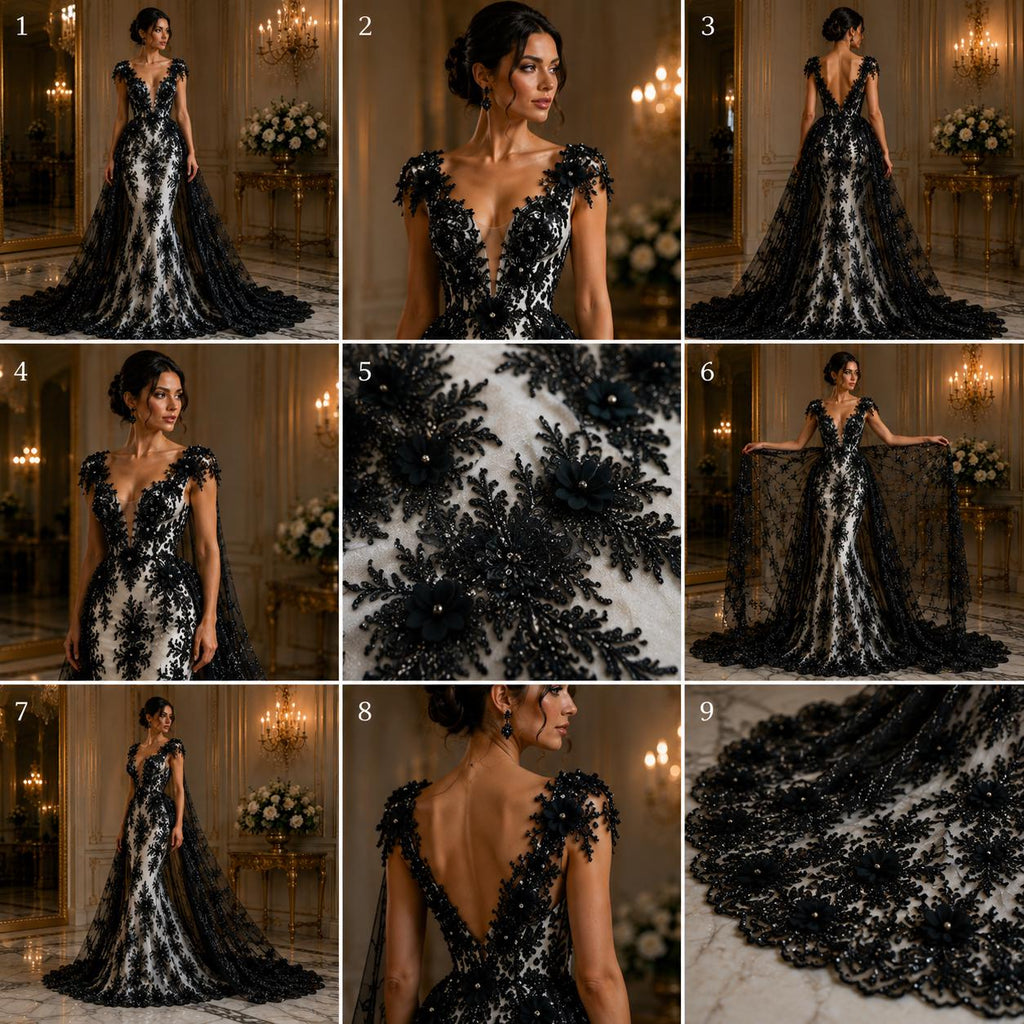 Beaded 3D Floral - Black - Design Embroidery With Beaded/Rhinestones on a Mesh Fabric By Yard. Sequins Mesh 3D Flower