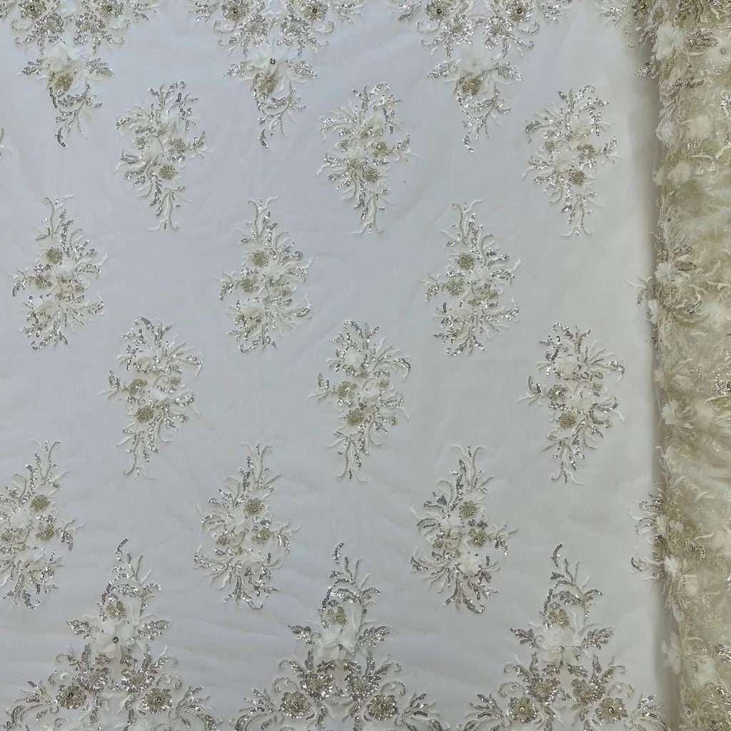 Beaded 3D Floral - Off White - Design Embroidery With Beaded/Rhinestones on a Mesh Fabric By Yard. Sequins Mesh 3D Flower