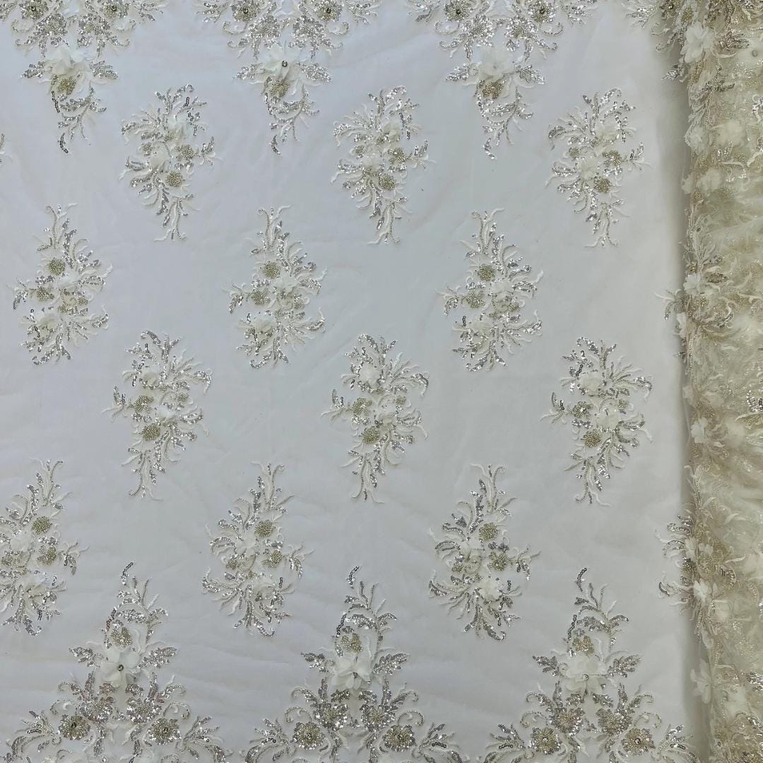 Beaded 3D Floral - Off White - Design Embroidery With Beaded/Rhinestones on a Mesh Fabric By Yard. Sequins Mesh 3D Flower