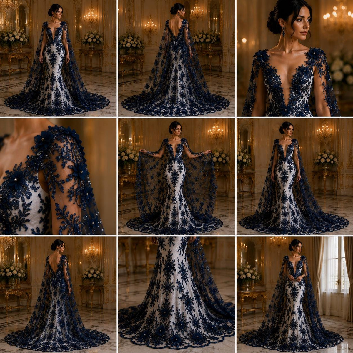 Beaded 3D Floral - Navy - Design Embroidery With Beaded/Rhinestones on a Mesh Fabric By Yard. Sequins Mesh 3D Flower
