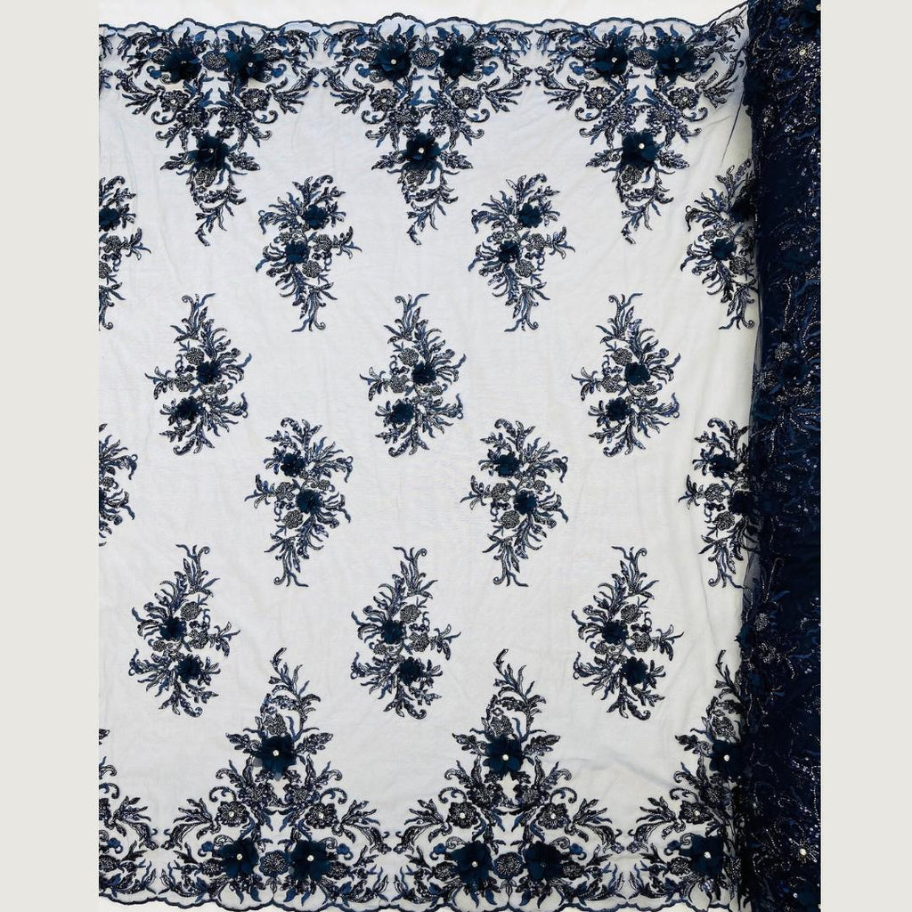 Beaded 3D Floral - Navy - Design Embroidery With Beaded/Rhinestones on a Mesh Fabric By Yard. Sequins Mesh 3D Flower