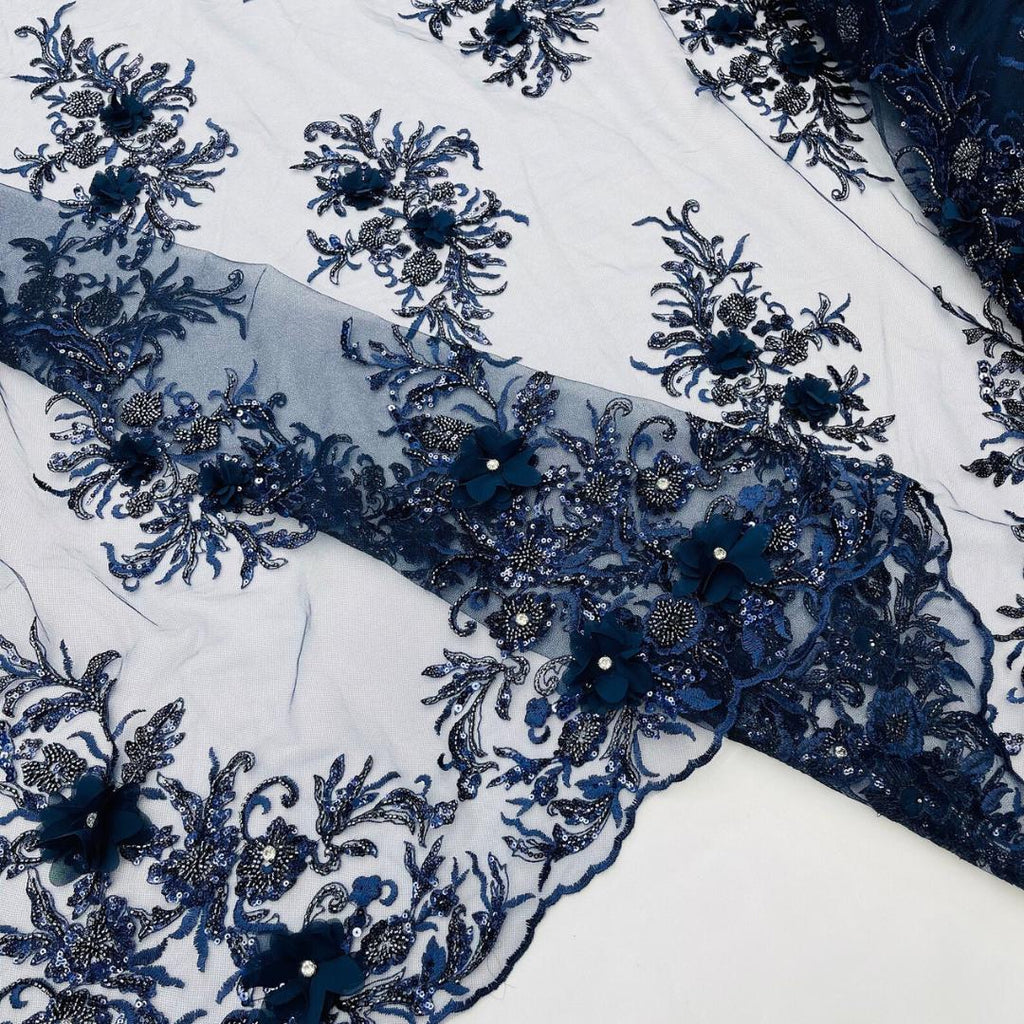 Beaded 3D Floral - Navy - Design Embroidery With Beaded/Rhinestones on a Mesh Fabric By Yard. Sequins Mesh 3D Flower