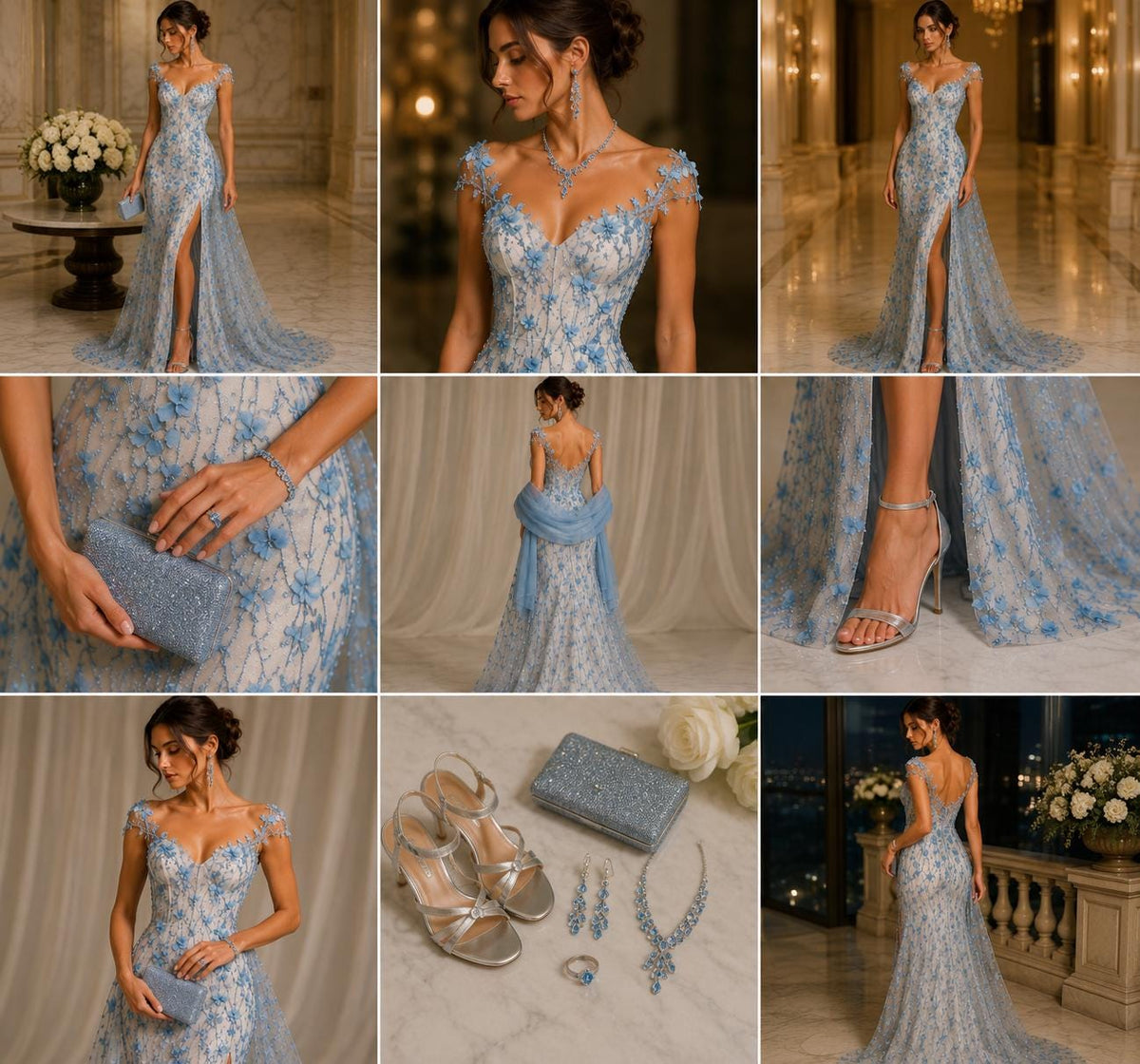 LT BLUE - 3D Floral Satin Lace -  3D Floral Embroidered Mesh Lace with Glitter| Fabric For Quinsiañera Dresses - Prom Dress Sold By Yard