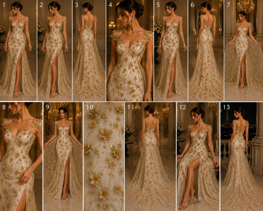 CHAMPAGNE - 3D Floral Satin Lace -  3D Floral Embroidered Mesh Lace with Glitter| Fabric For Quinsiañera Dresses - Prom Dress Sold By Yard