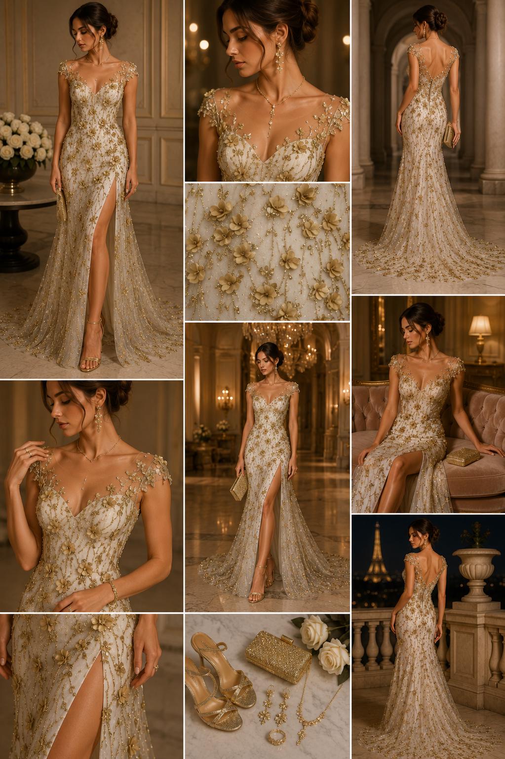 CHAMPAGNE - 3D Floral Satin Lace -  3D Floral Embroidered Mesh Lace with Glitter| Fabric For Quinsiañera Dresses - Prom Dress Sold By Yard