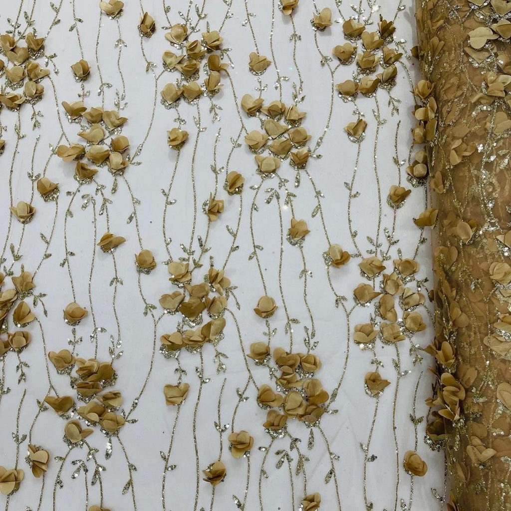 CHAMPAGNE - 3D Floral Satin Lace -  3D Floral Embroidered Mesh Lace with Glitter| Fabric For Quinsiañera Dresses - Prom Dress Sold By Yard
