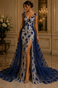 ROYAL BLUE - 3D Floral Satin Lace -  3D Floral Embroidered Mesh Lace with Glitter| Fabric For Quinsiañera Dresses - Prom Dress Sold By Yard