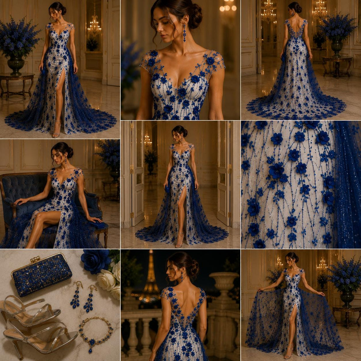 ROYAL BLUE - 3D Floral Satin Lace -  3D Floral Embroidered Mesh Lace with Glitter| Fabric For Quinsiañera Dresses - Prom Dress Sold By Yard