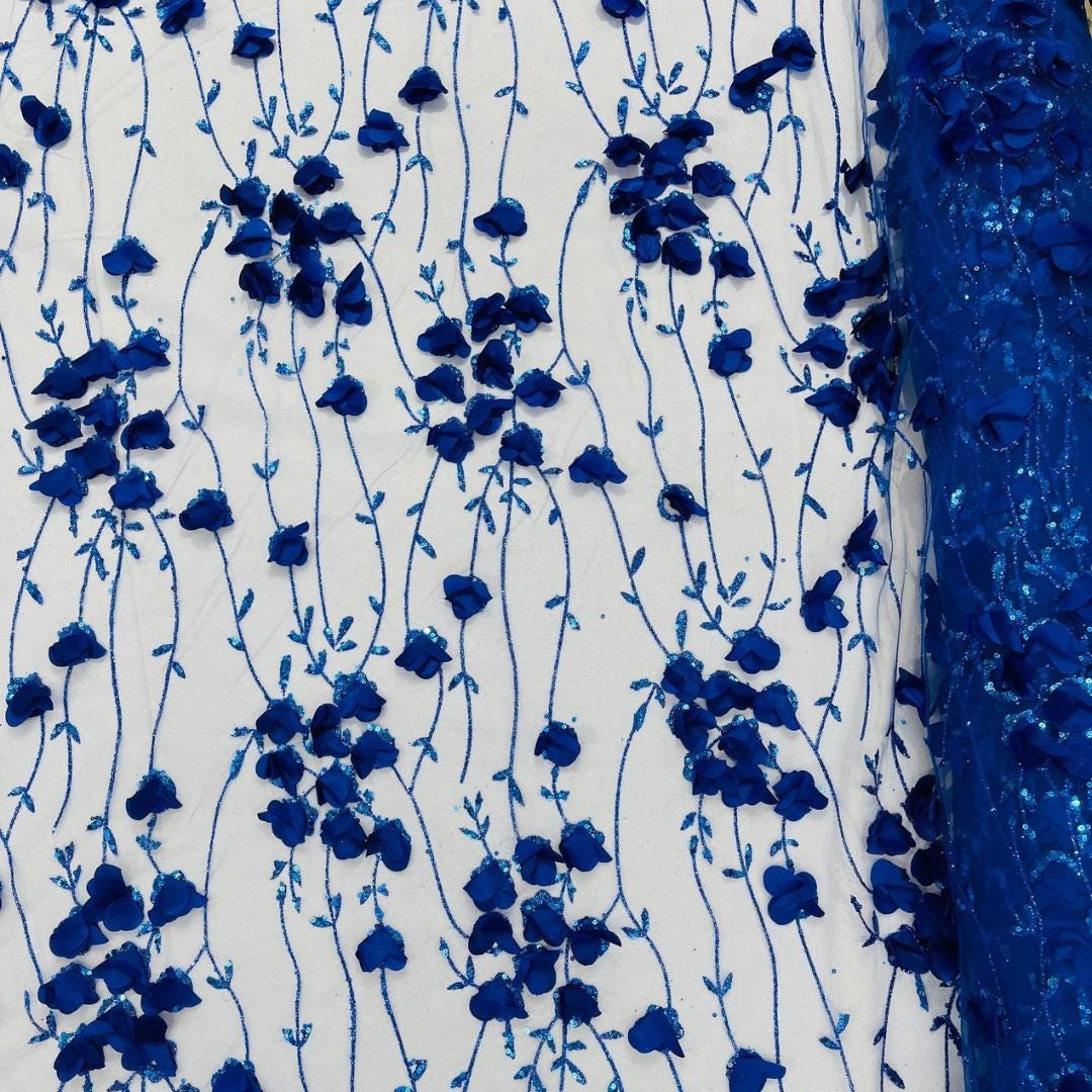 ROYAL BLUE - 3D Floral Satin Lace -  3D Floral Embroidered Mesh Lace with Glitter| Fabric For Quinsiañera Dresses - Prom Dress Sold By Yard