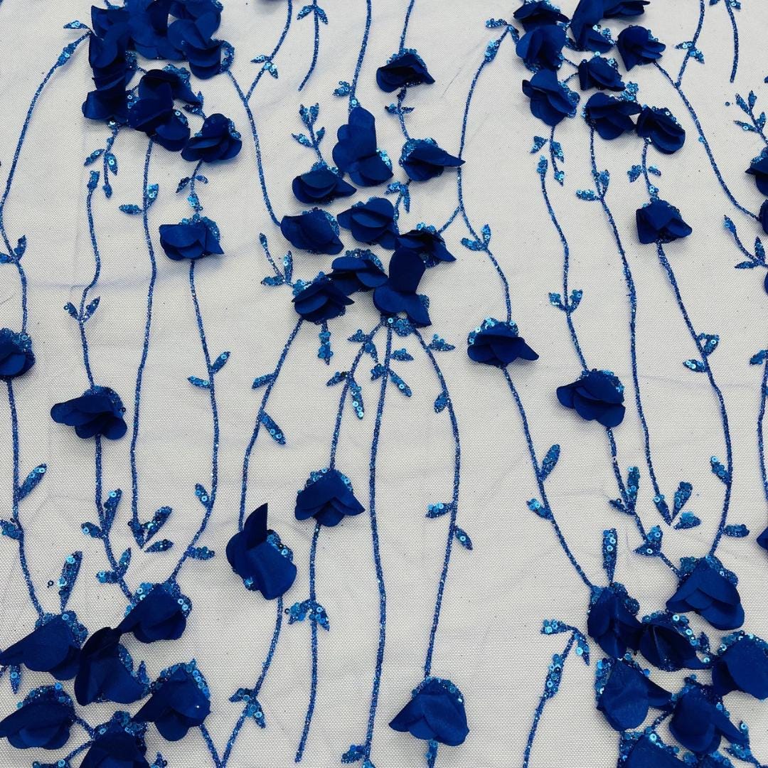 ROYAL BLUE - 3D Floral Satin Lace -  3D Floral Embroidered Mesh Lace with Glitter| Fabric For Quinsiañera Dresses - Prom Dress Sold By Yard