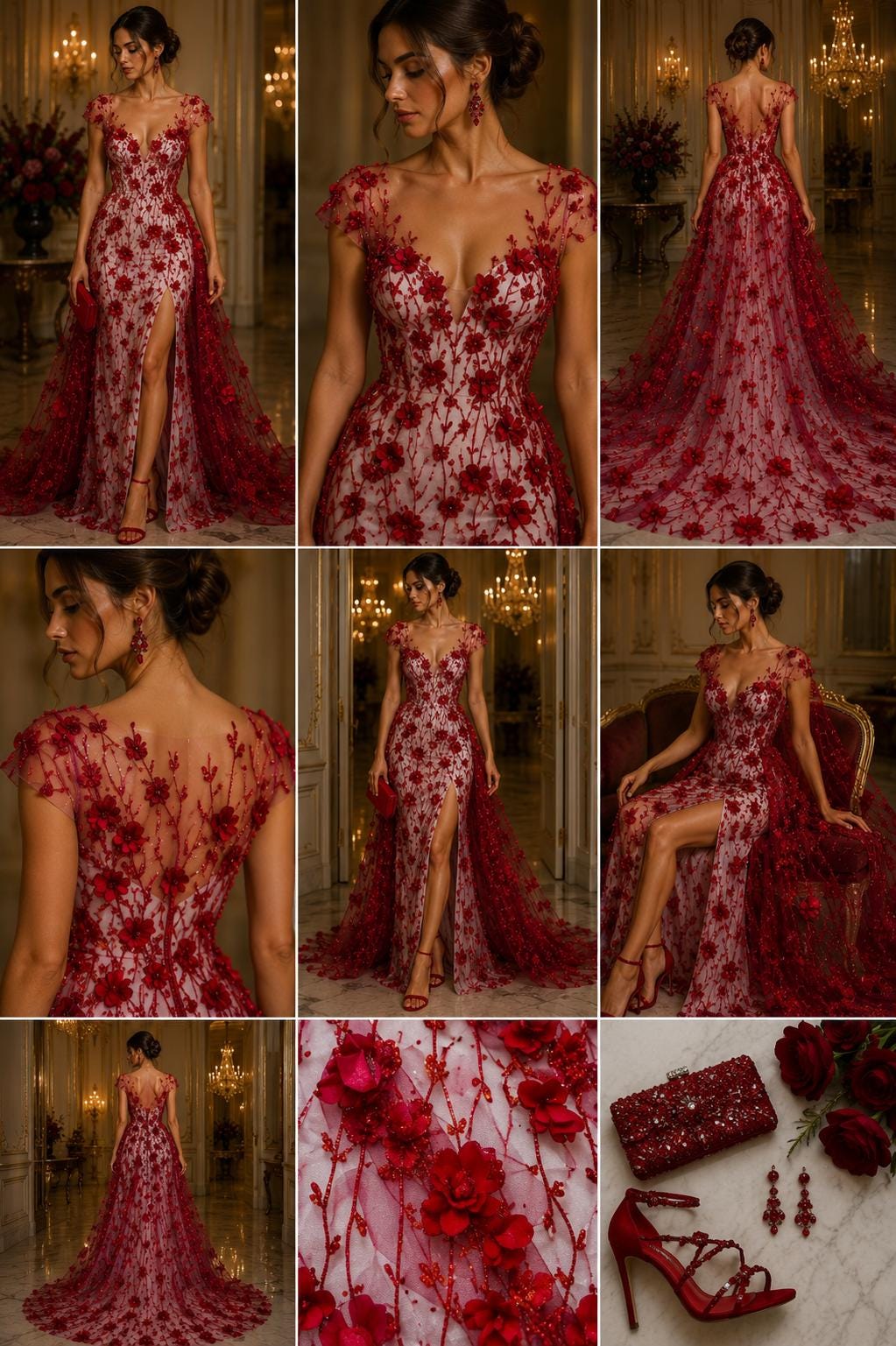 BURGUNDY - 3D Floral Satin Lace -  3D Floral Embroidered Mesh Lace with Glitter| Fabric For Quinsiañera Dresses - Prom Dress Sold By Yard