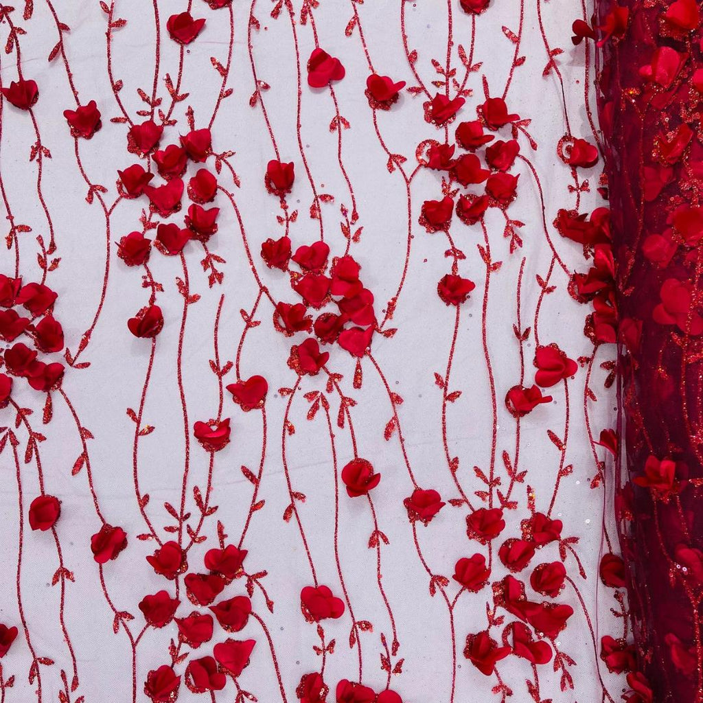 BURGUNDY - 3D Floral Satin Lace -  3D Floral Embroidered Mesh Lace with Glitter| Fabric For Quinsiañera Dresses - Prom Dress Sold By Yard