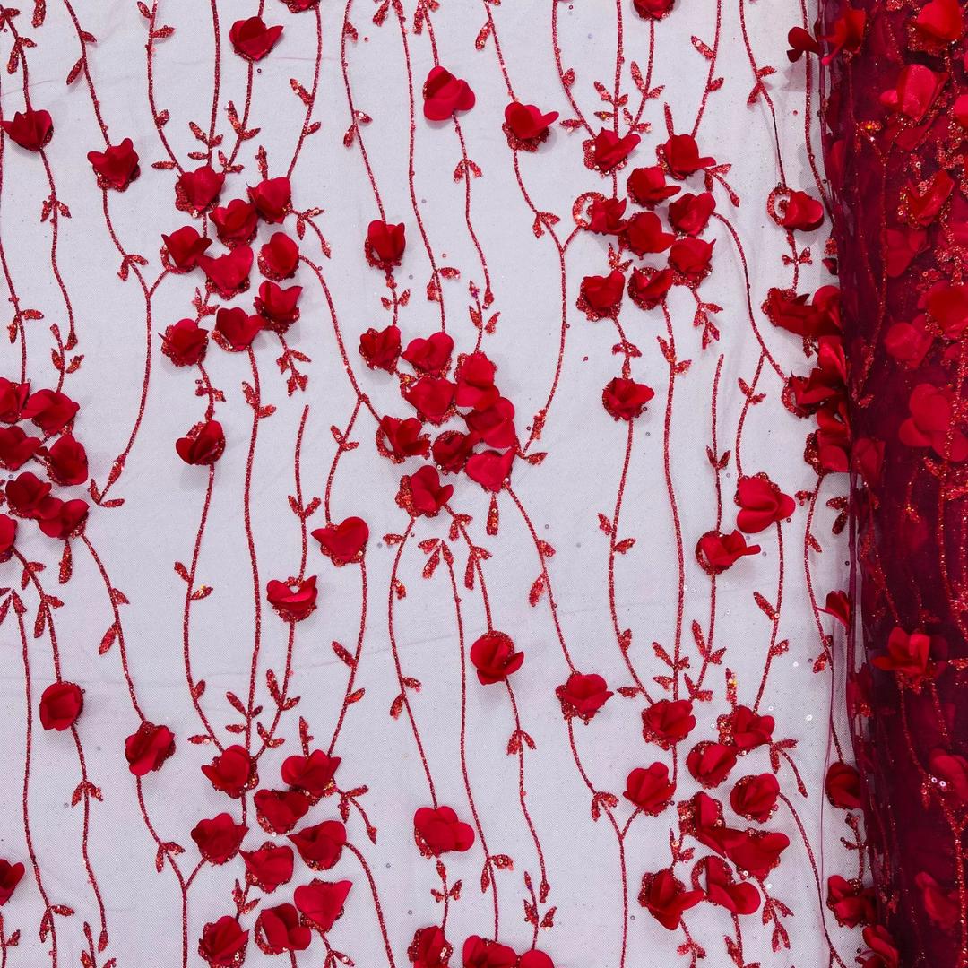 BURGUNDY - 3D Floral Satin Lace -  3D Floral Embroidered Mesh Lace with Glitter| Fabric For Quinsiañera Dresses - Prom Dress Sold By Yard