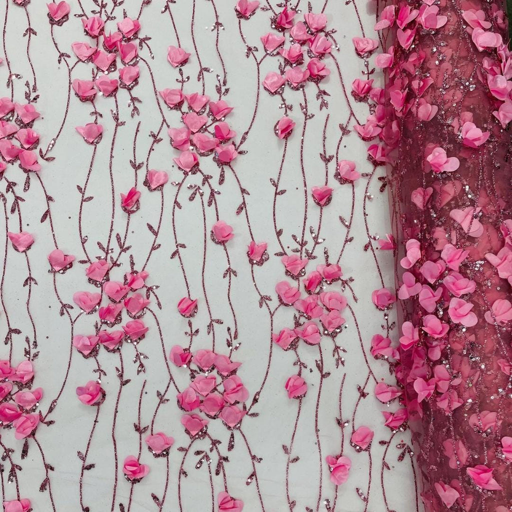 DUSTY PINK - 3D Floral Satin Lace -  3D Floral Embroidered Mesh Lace with Glitter| Fabric For Quinsiañera Dresses - Prom Dress Sold By Yard