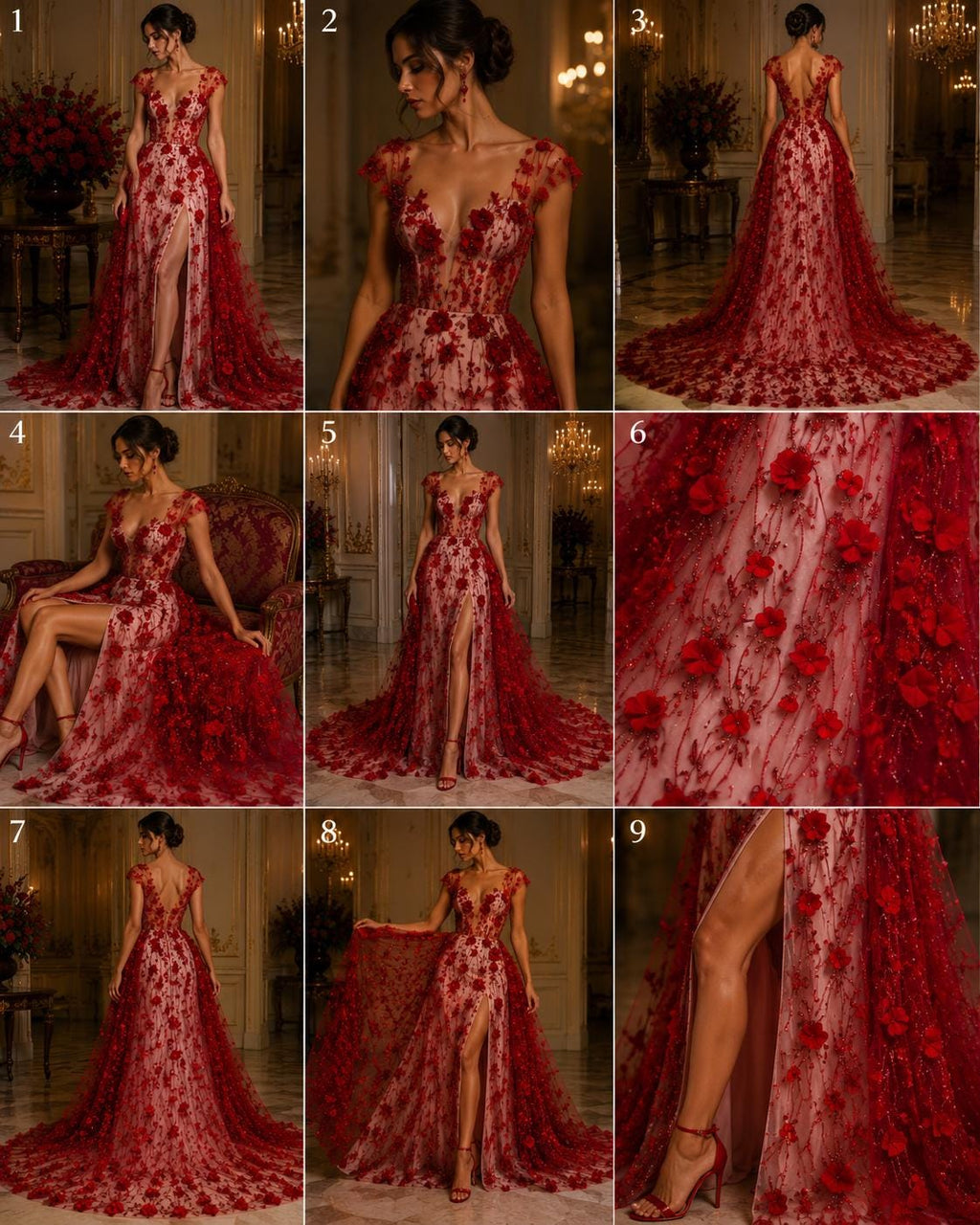 RED - 3D Floral Satin Lace -  3D Floral Embroidered Mesh Lace with Glitter| Fabric For Quinsiañera Dresses - Prom Dress Sold By Yard