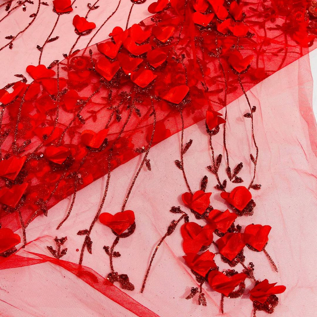 RED - 3D Floral Satin Lace -  3D Floral Embroidered Mesh Lace with Glitter| Fabric For Quinsiañera Dresses - Prom Dress Sold By Yard