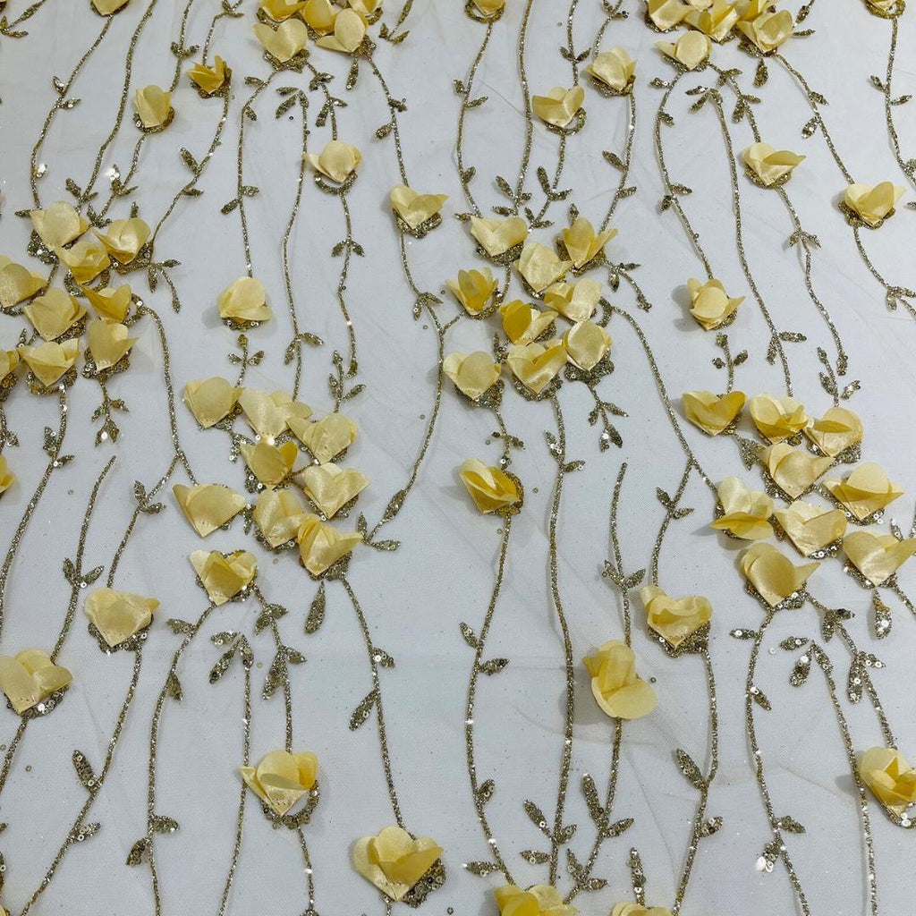 GOLD  - 3D Floral Satin Lace -  3D Floral Embroidered Mesh Lace with Glitter| Fabric For Quinsiañera Dresses - Prom Dress Sold By Yard