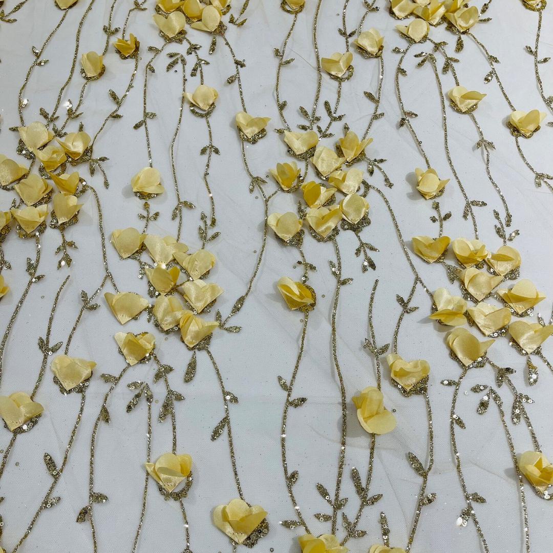 GOLD  - 3D Floral Satin Lace -  3D Floral Embroidered Mesh Lace with Glitter| Fabric For Quinsiañera Dresses - Prom Dress Sold By Yard