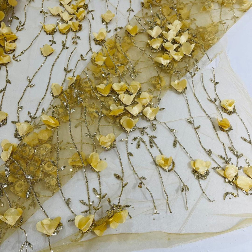 GOLD  - 3D Floral Satin Lace -  3D Floral Embroidered Mesh Lace with Glitter| Fabric For Quinsiañera Dresses - Prom Dress Sold By Yard