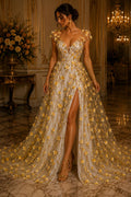 GOLD  - 3D Floral Satin Lace -  3D Floral Embroidered Mesh Lace with Glitter| Fabric For Quinsiañera Dresses - Prom Dress Sold By Yard