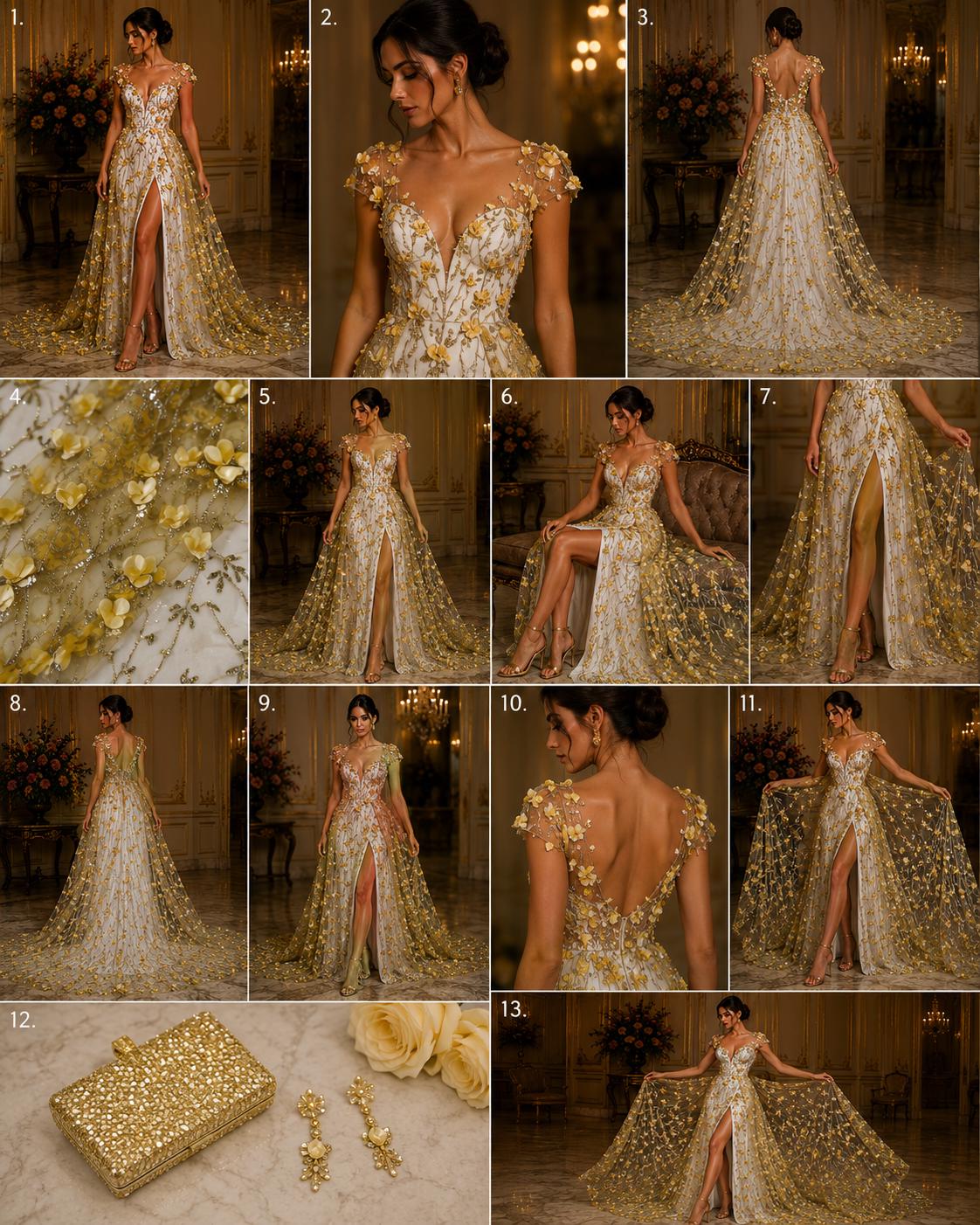 GOLD  - 3D Floral Satin Lace -  3D Floral Embroidered Mesh Lace with Glitter| Fabric For Quinsiañera Dresses - Prom Dress Sold By Yard