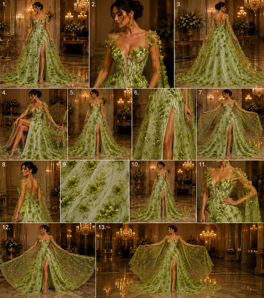 OLIVE  - 3D Floral Satin Lace -  3D Floral Embroidered Mesh Lace with Glitter| Fabric For Quinsiañera Dresses - Prom Dress Sold By Yard