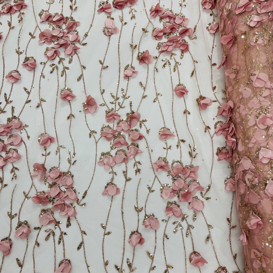 BLUSH  - 3D Floral Satin Lace -  3D Floral Embroidered Mesh Lace with Glitter| Fabric For Quinsiañera Dresses - Prom Dress Sold By Yard