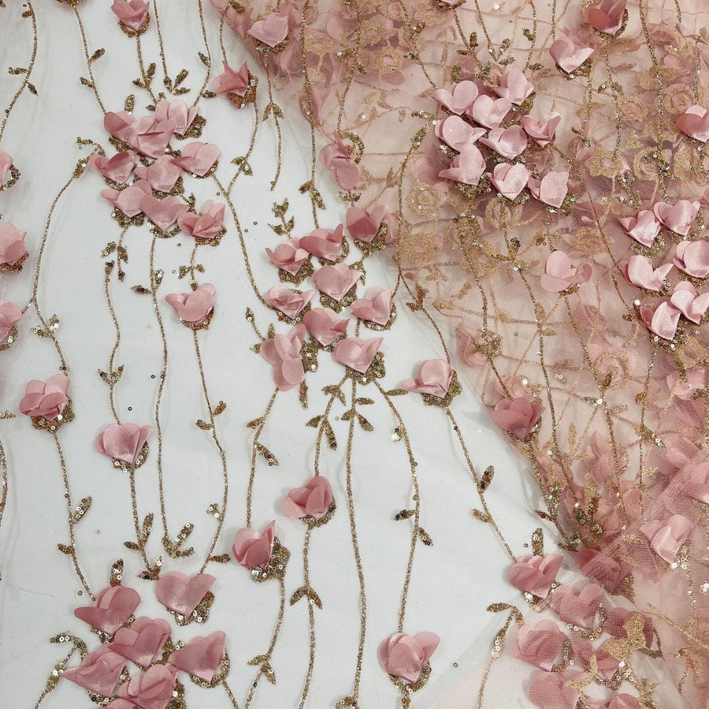 BLUSH  - 3D Floral Satin Lace -  3D Floral Embroidered Mesh Lace with Glitter| Fabric For Quinsiañera Dresses - Prom Dress Sold By Yard
