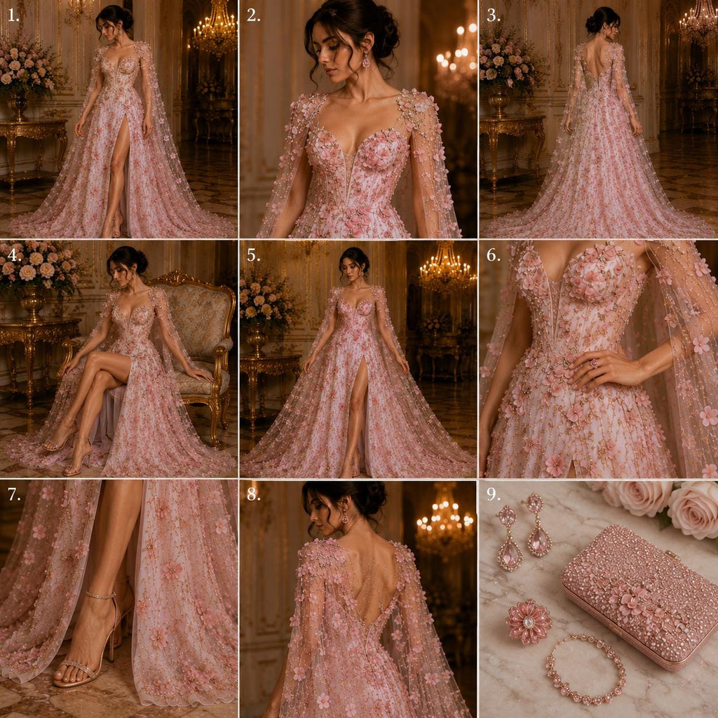 BLUSH  - 3D Floral Satin Lace -  3D Floral Embroidered Mesh Lace with Glitter| Fabric For Quinsiañera Dresses - Prom Dress Sold By Yard