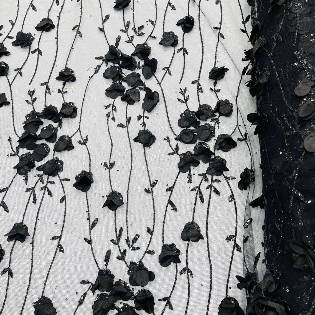 BLACK  - 3D Floral Satin Lace -  3D Floral Embroidered Mesh Lace with Glitter| Fabric For Quinsiañera Dresses - Prom Dress Sold By Yard
