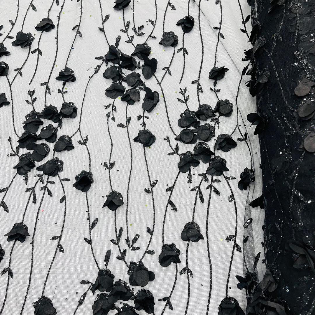 BLACK  - 3D Floral Satin Lace -  3D Floral Embroidered Mesh Lace with Glitter| Fabric For Quinsiañera Dresses - Prom Dress Sold By Yard