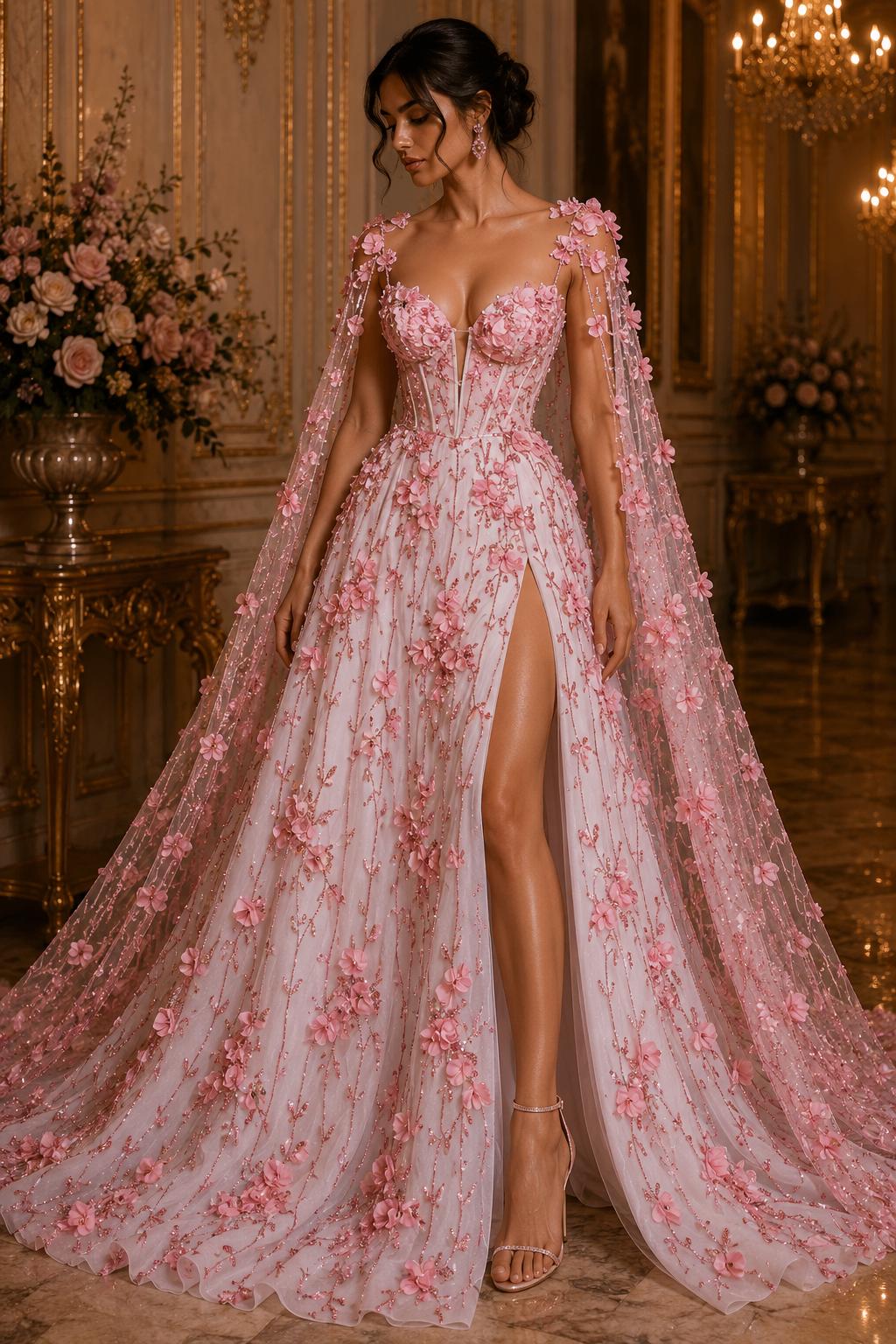 PINK  - 3D Floral Satin Lace -  3D Floral Embroidered Mesh Lace with Glitter| Fabric For Quinsiañera Dresses - Prom Dress Sold By Yard