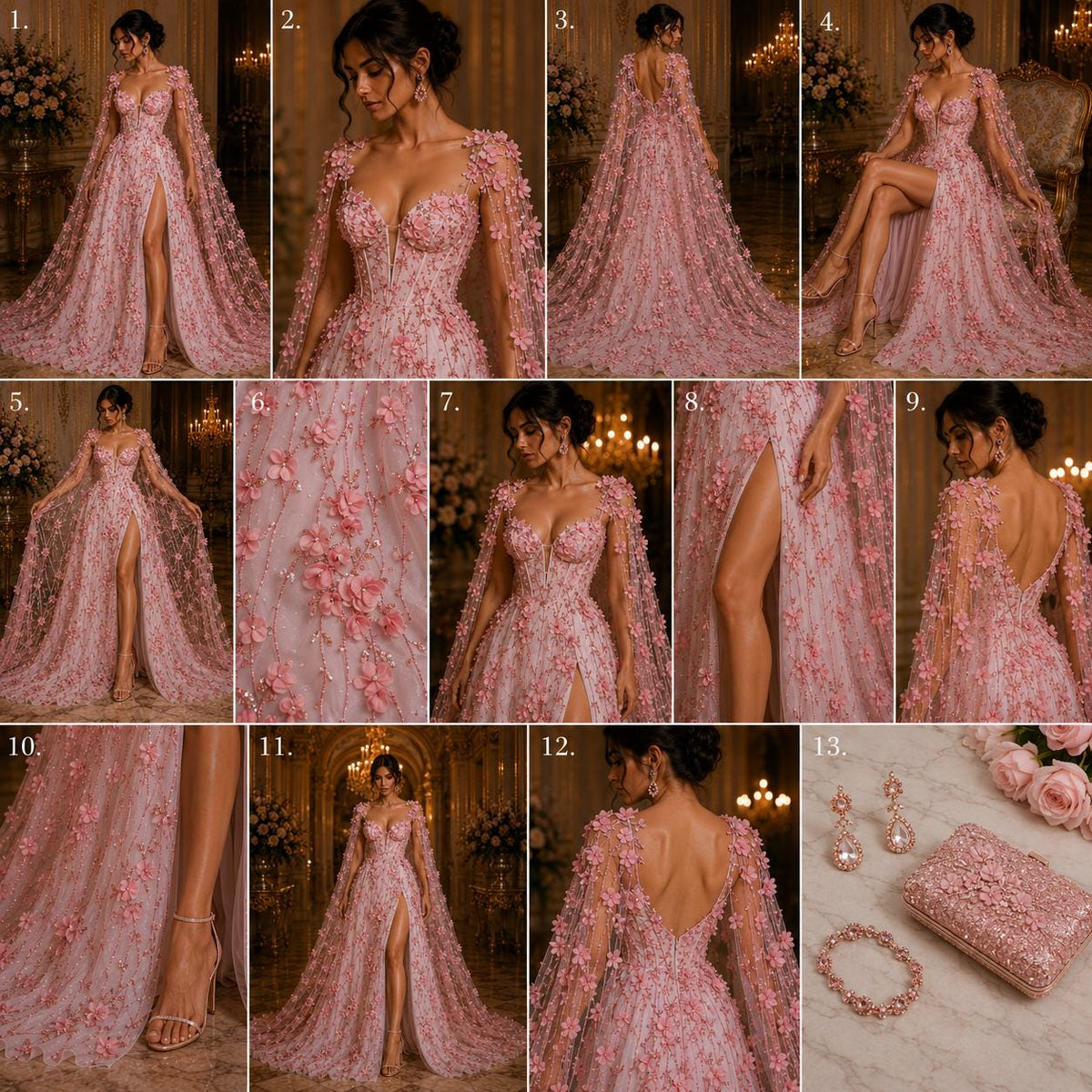 PINK  - 3D Floral Satin Lace -  3D Floral Embroidered Mesh Lace with Glitter| Fabric For Quinsiañera Dresses - Prom Dress Sold By Yard