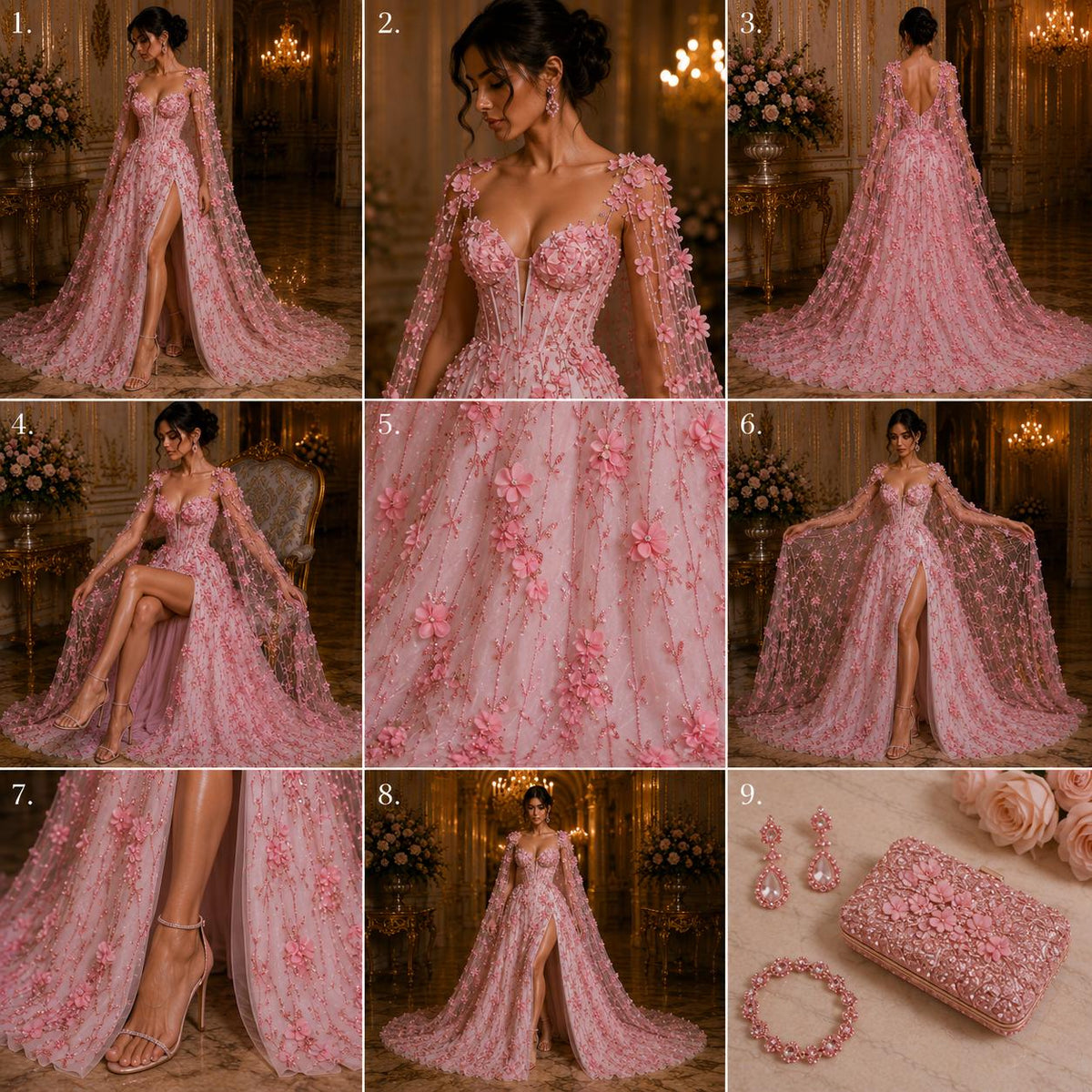 PINK  - 3D Floral Satin Lace -  3D Floral Embroidered Mesh Lace with Glitter| Fabric For Quinsiañera Dresses - Prom Dress Sold By Yard