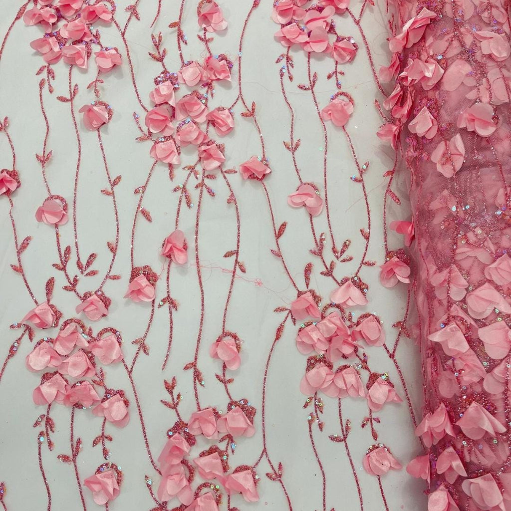 PINK  - 3D Floral Satin Lace -  3D Floral Embroidered Mesh Lace with Glitter| Fabric For Quinsiañera Dresses - Prom Dress Sold By Yard