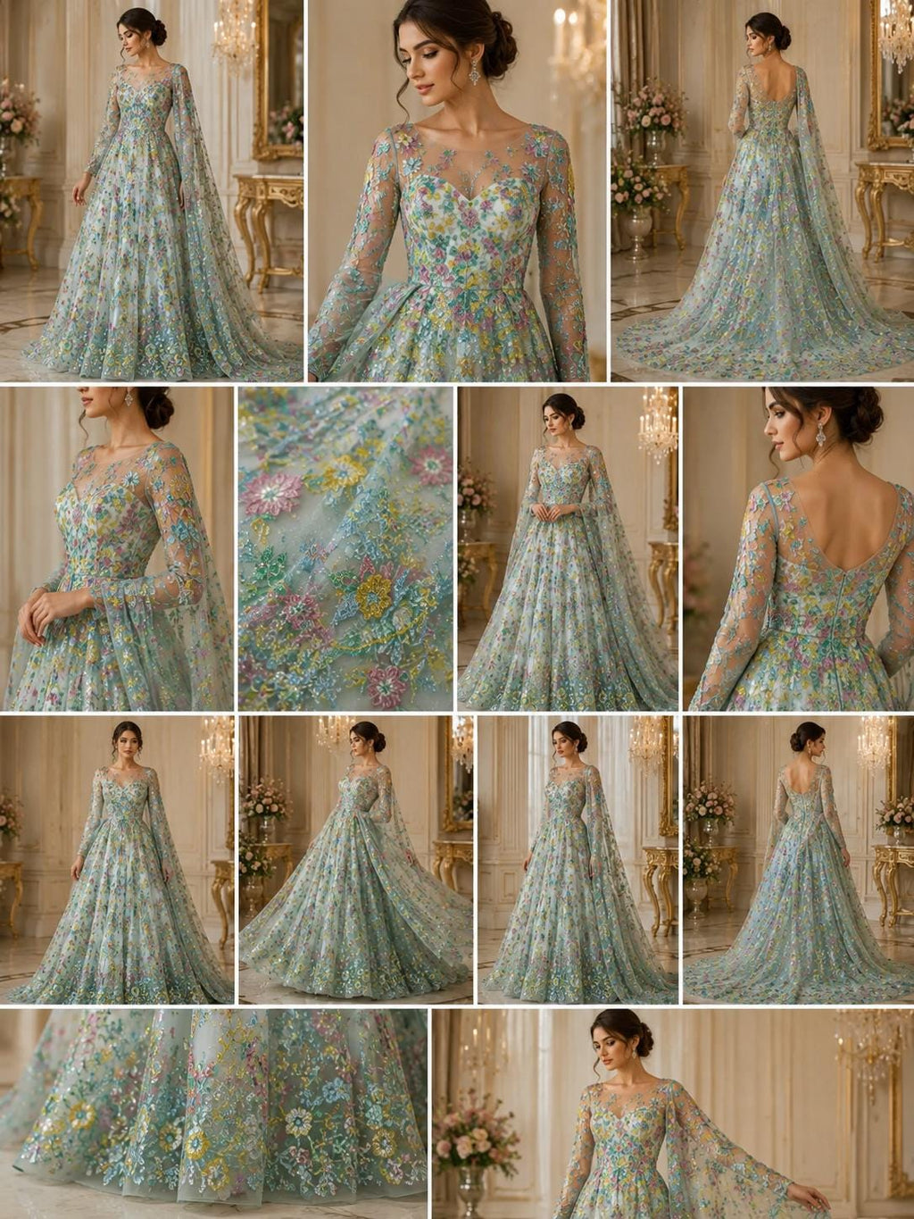 Multi Color - SAGE -  Roses Glitter Design On A Mesh Lace For Quinsiañera Dresses - Prom Dress Sold By Yard