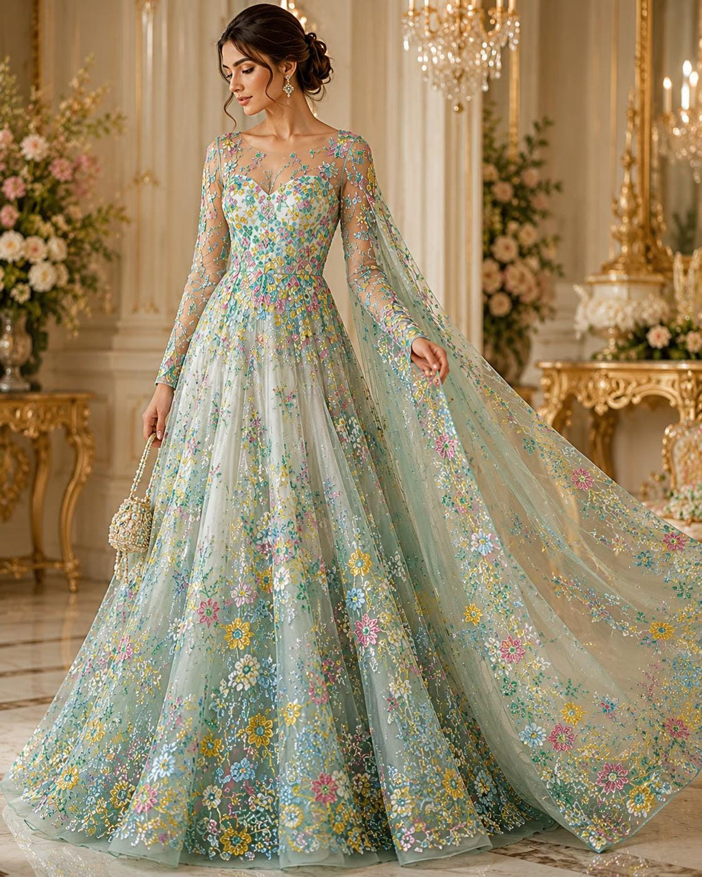 Multi Color - SAGE -  Roses Glitter Design On A Mesh Lace For Quinsiañera Dresses - Prom Dress Sold By Yard