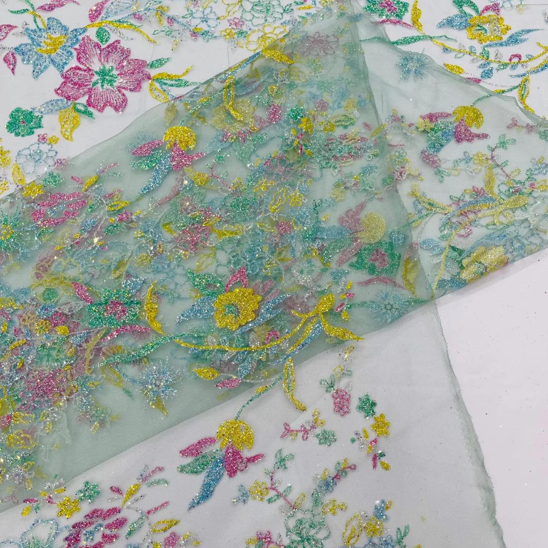 Multi Color - SAGE -  Roses Glitter Design On A Mesh Lace For Quinsiañera Dresses - Prom Dress Sold By Yard