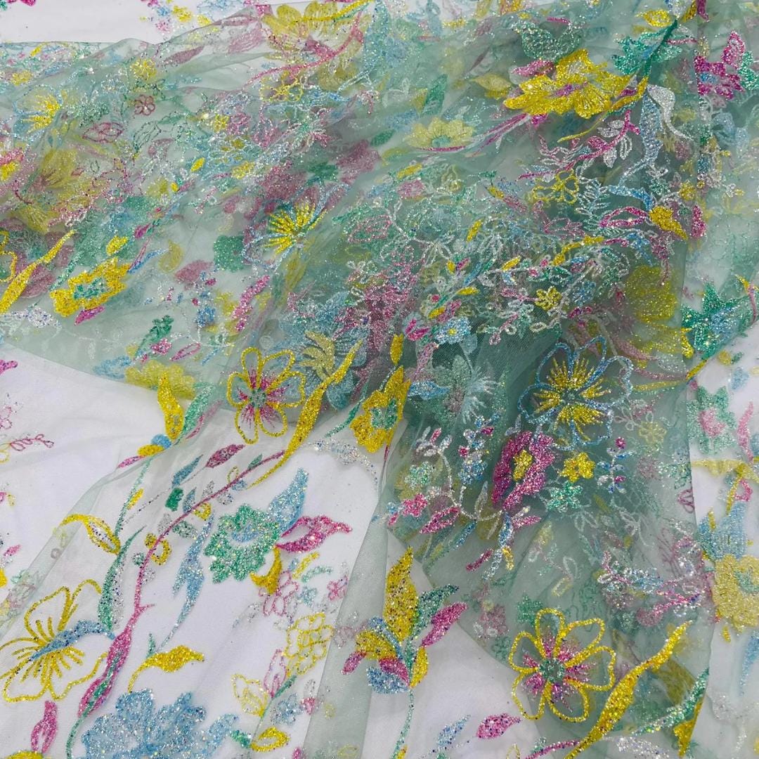 Multi Color - SAGE -  Roses Glitter Design On A Mesh Lace For Quinsiañera Dresses - Prom Dress Sold By Yard