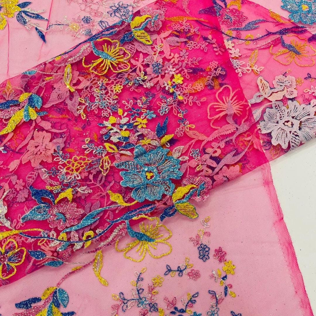 Multi Color - FUCHSIA -  Roses Glitter Design On A Mesh Lace For Quinsiañera Dresses - Prom Dress Sold By Yard