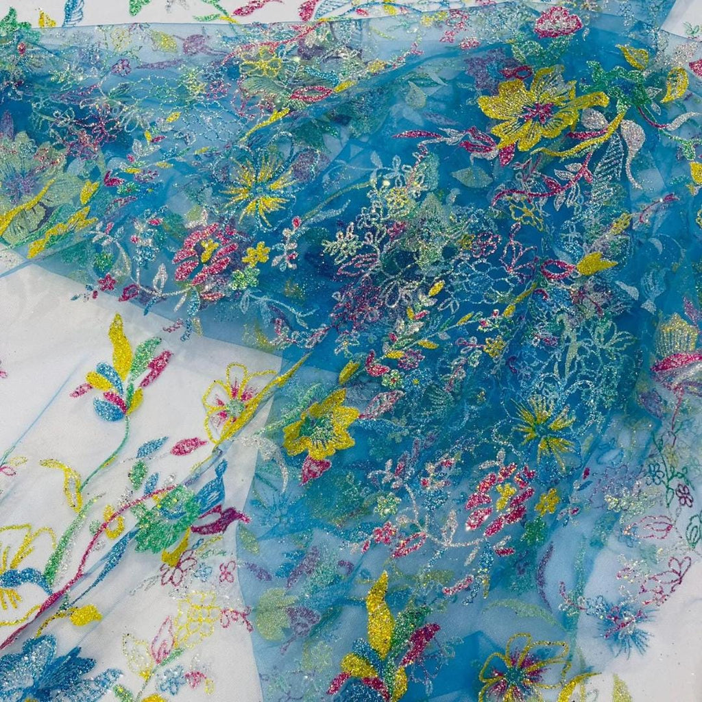 Multi Color - TURQUOISE -  Roses Glitter Design On A Mesh Lace For Quinsiañera Dresses - Prom Dress Sold By Yard