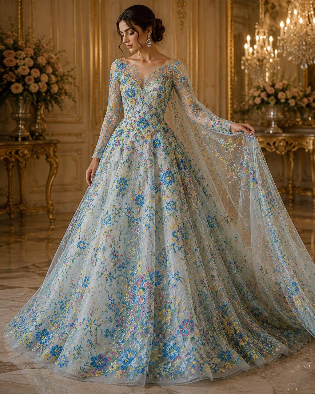 Multi Color - TURQUOISE -  Roses Glitter Design On A Mesh Lace For Quinsiañera Dresses - Prom Dress Sold By Yard