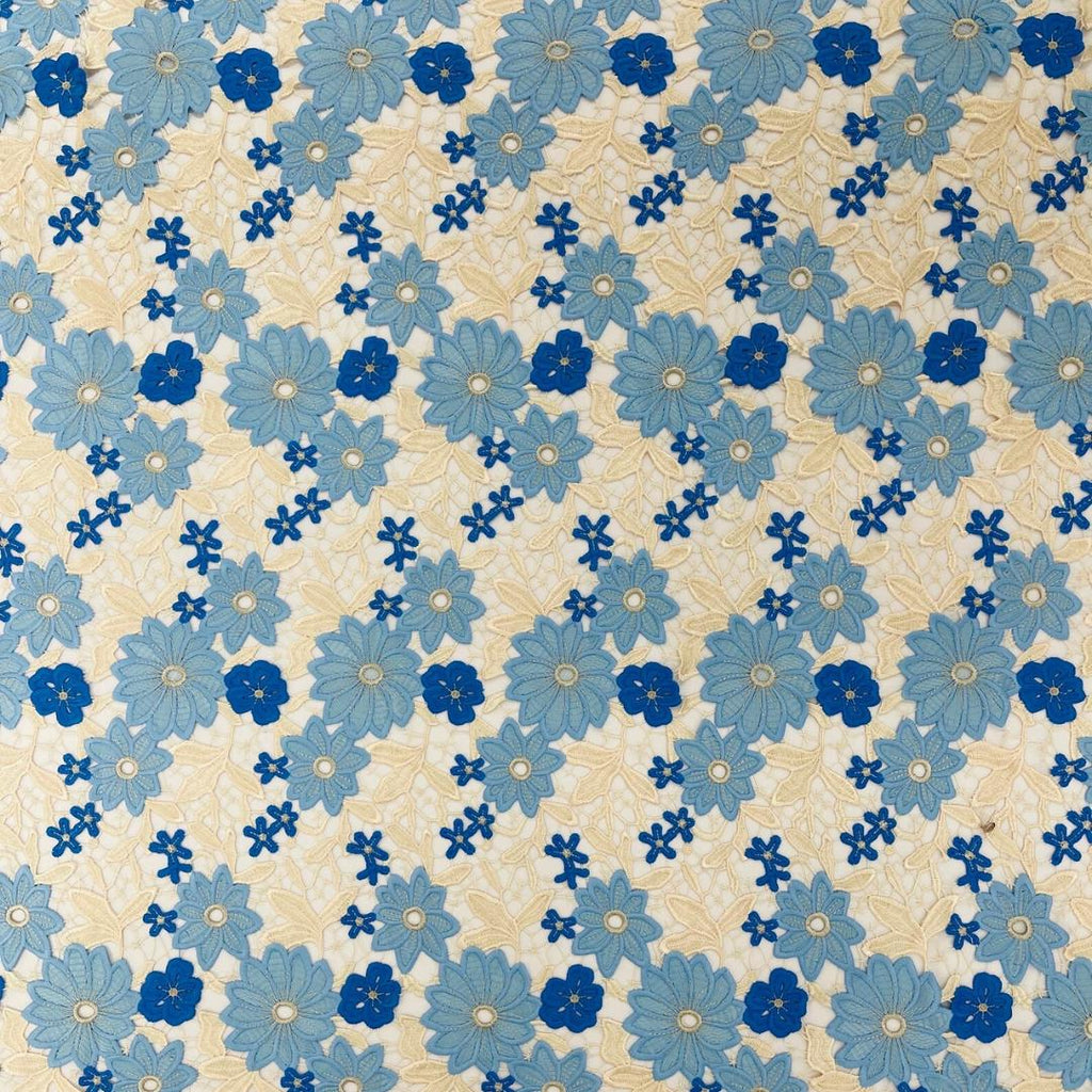 Multi Color Daisy Floral Design - LT BLUE/IVORY - Embroidery Guipure Lace Fabric. Fabric For Quinsiañera Dresses -Sold By Yard