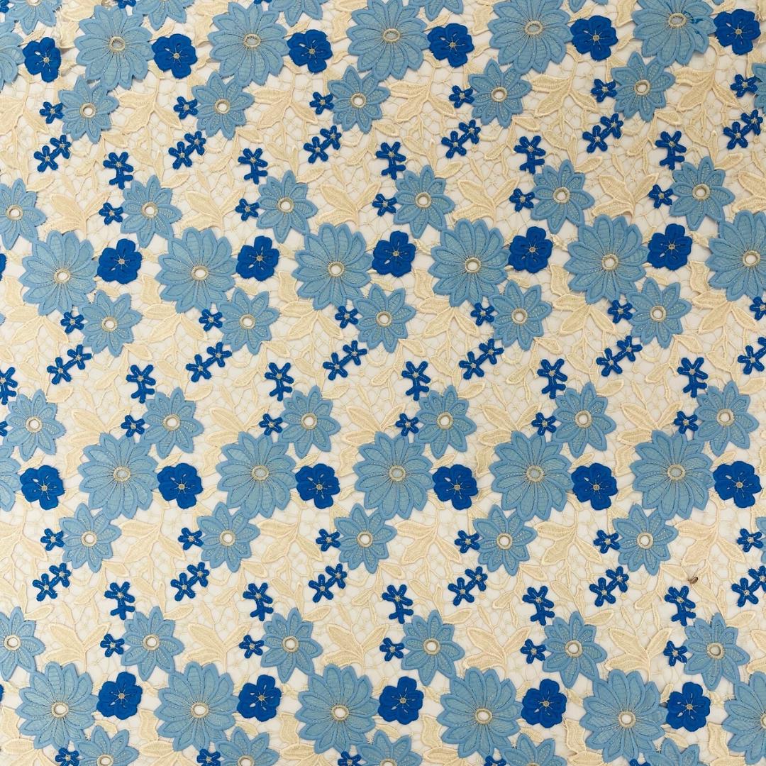 Multi Color Daisy Floral Design - LT BLUE/IVORY - Embroidery Guipure Lace Fabric. Fabric For Quinsiañera Dresses -Sold By Yard