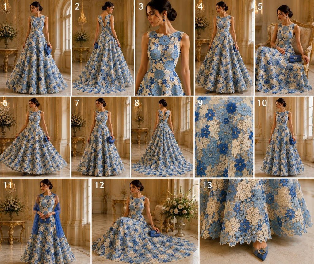 Multi Color Daisy Floral Design - LT BLUE/IVORY - Embroidery Guipure Lace Fabric. Fabric For Quinsiañera Dresses -Sold By Yard