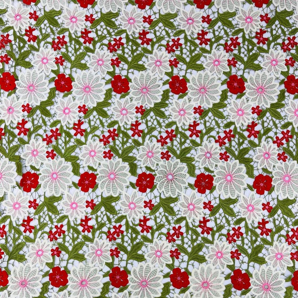 Multi Color Daisy Floral Design - OLIVE/IVORY - Embroidery Guipure Lace Fabric. Fabric For Quinsiañera Dresses -Sold By Yard